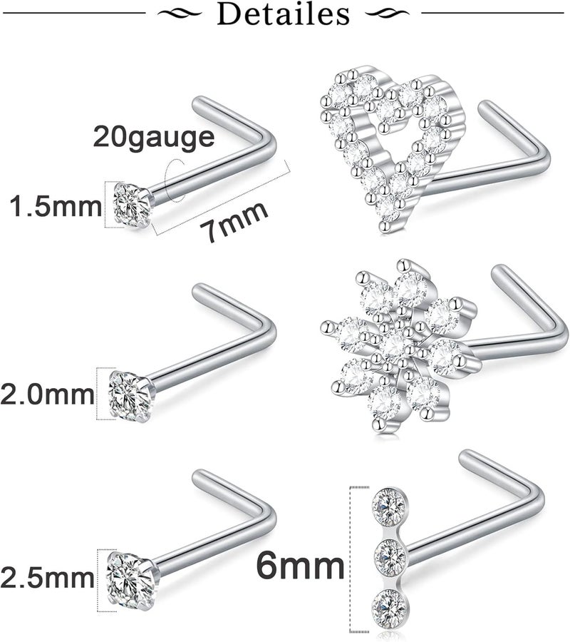 MODRSA Silver Gold Nose Studs Nostril Piercings Threadless Push in Nose Rings Stud L Shaped Surgical Steel Hypoallergenic Flat Back Helix Earrings Screw Studs Crokscrew Nostril Jewelry for Women Men - Image 2